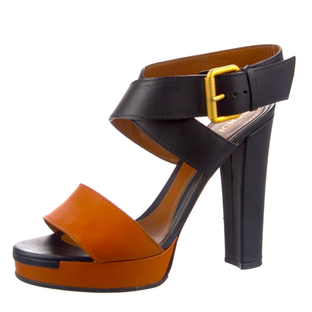 Fendi Leather Cross Ankle Strap Platform Sandals